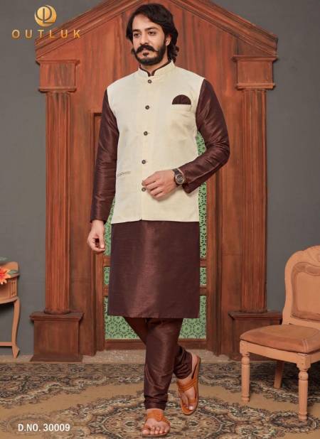 Cream And Brown Colour Exclusive Art Silk Festive Wear Kurta Pajama With Jacket Mens Collection 30009